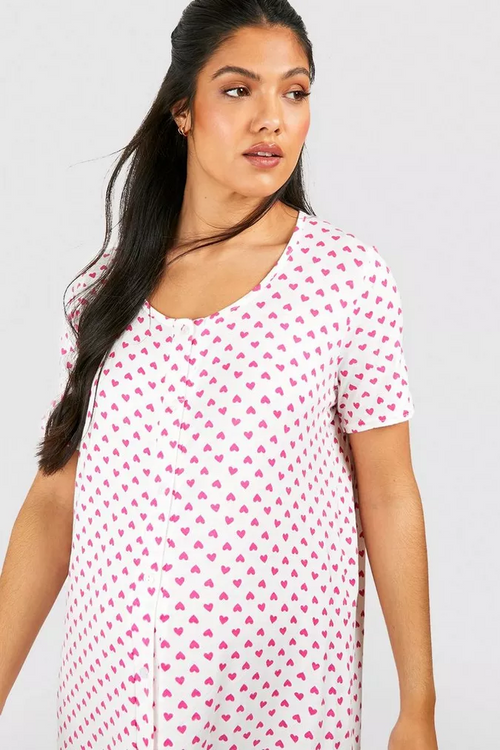 Maternity Button Front Heart Print Nightgown