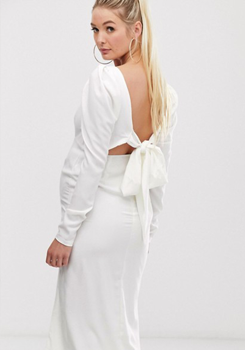 Maternity Long Sleeve Midi Dress with Open Back (White)