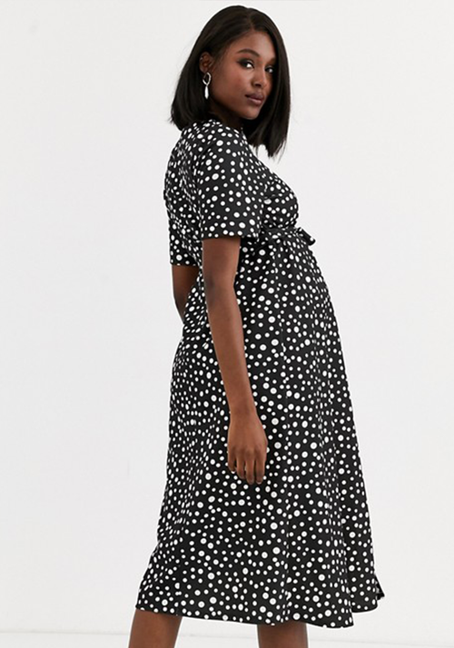 Maternity Nursing Zip Front Midi Dress (Polka-dot)